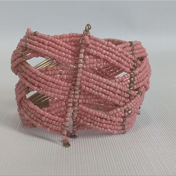 Sonoma Life + Style Coral Pink & Gold Toned Seed Beaded Cuff Fashion Bracelet - Picture 8 of 8